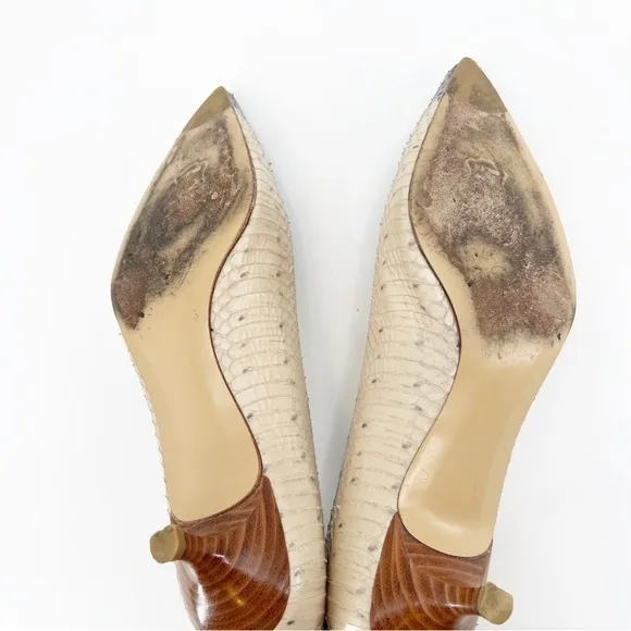 Stuart Weitzman Poco Grey and Cream Snakeskin Pointed Toe Pumps, Size 9.5