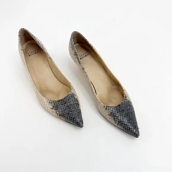 Stuart Weitzman Poco Grey and Cream Snakeskin Pointed Toe Pumps, Size 9.5