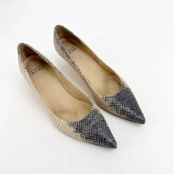 Stuart Weitzman Poco Grey and Cream Snakeskin Pointed Toe Pumps, Size 9.5