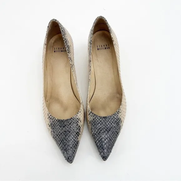 Stuart Weitzman Poco Grey and Cream Snakeskin Pointed Toe Pumps, Size 9.5