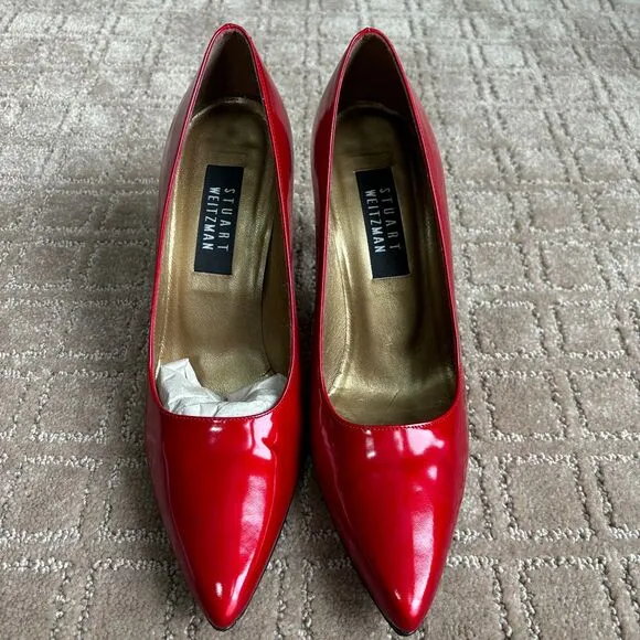 Stuart Weitzman Red Patent Leather Quasar Pointed Toe Pumps Heels Women's Sz 8.5