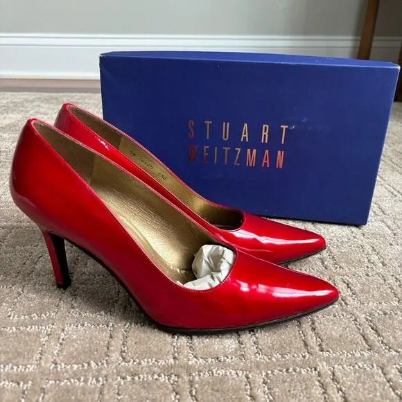 Stuart Weitzman Red Patent Leather Quasar Pointed Toe Pumps Heels Women's Sz 8.5