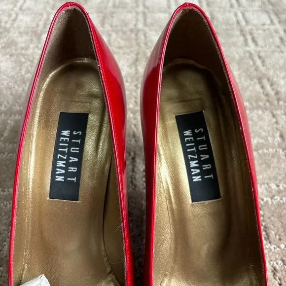 Stuart Weitzman Red Patent Leather Quasar Pointed Toe Pumps Heels Women's Sz 8.5
