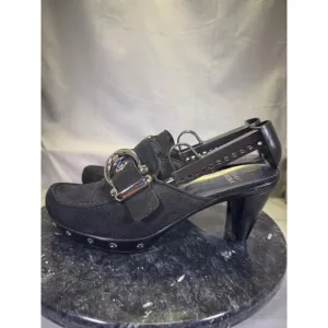 Stuart Weitzman Silver Buckle Suede Leather Studded Mules Made in Spain 6.5M US