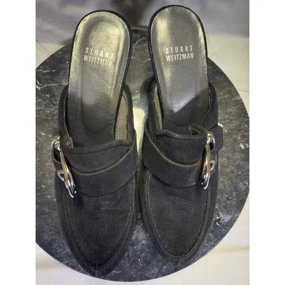 Stuart Weitzman Silver Buckle Suede Leather Studded Mules Made in Spain 6.5M US
