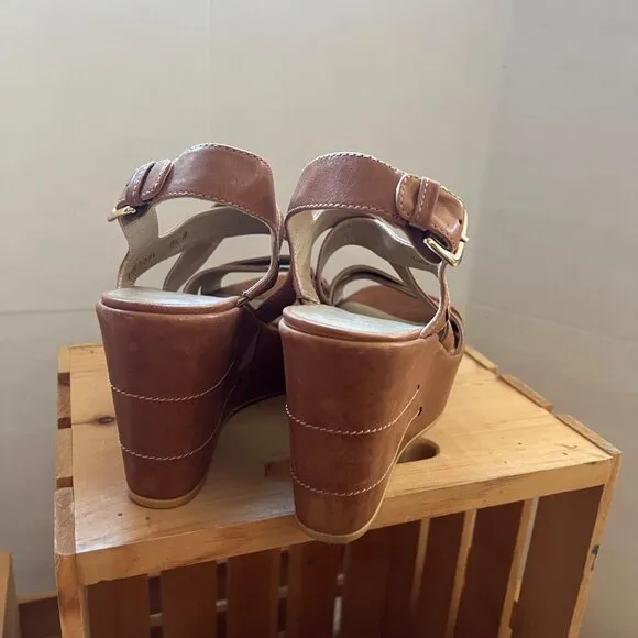 Stuart Weitzman Size 8.5 Brown Leather Strappy Slingback Wedge Heel Sandals