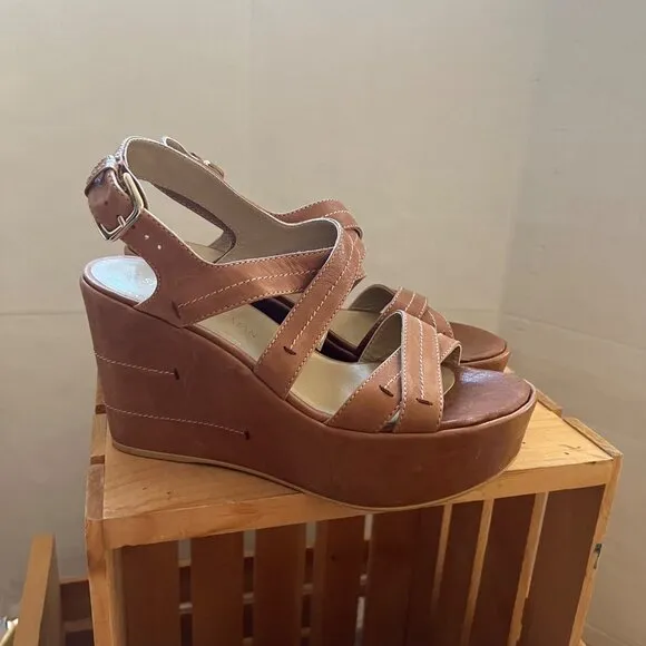 Stuart Weitzman Size 8.5 Brown Leather Strappy Slingback Wedge Heel Sandals
