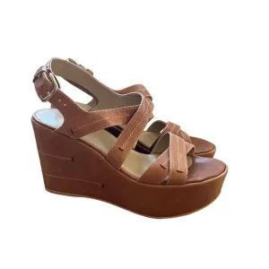 Stuart Weitzman Size 8.5 Brown Leather Strappy Slingback Wedge Heel Sandals