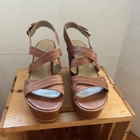 Stuart Weitzman Size 8.5 Brown Leather Strappy Slingback Wedge Heel Sandals