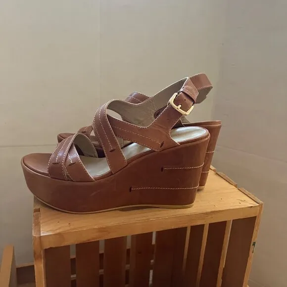 Stuart Weitzman Size 8.5 Brown Leather Strappy Slingback Wedge Heel Sandals