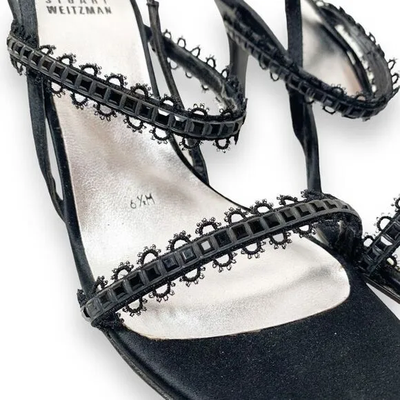 Stuart Weitzman Vintage Nitelace Black Strappy Heels Embellished Women’s Siz 6.5