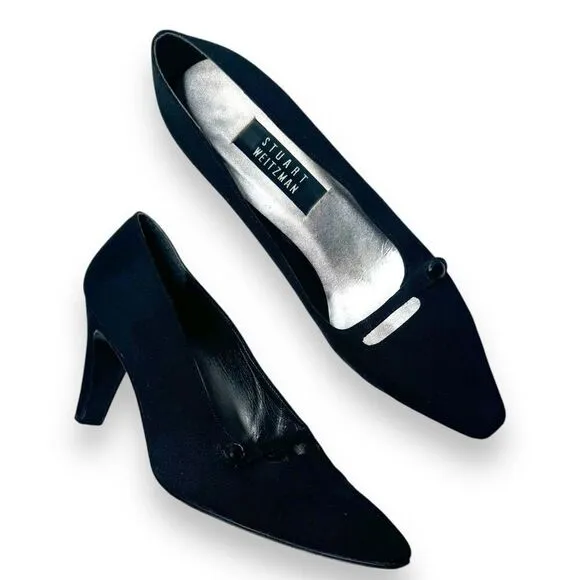 Stuart Weitzman Vintage Black Satin Fabric Almond Toe Heels Women’s Size 10 B