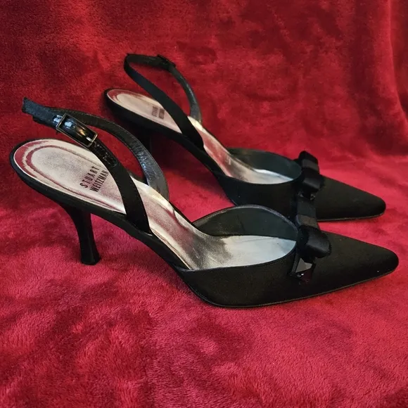 Stuart Weitzman Women Black Slingback Heels Pointed Toe-Size 8.5M