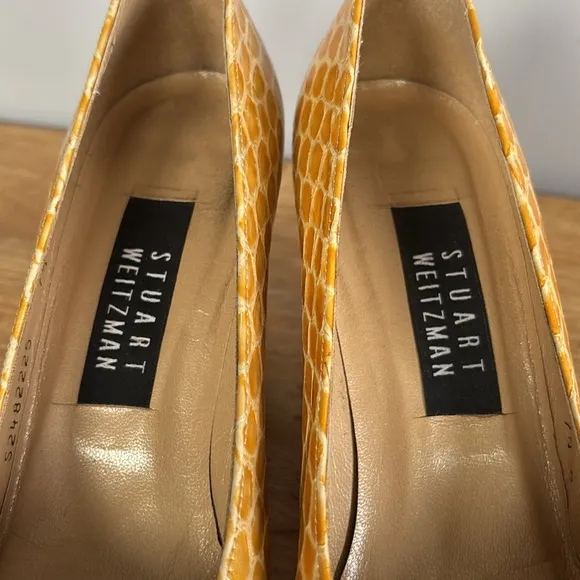 Stuart Weitzman Yellow Leather Snakeskin Block Heel Pumps size 7.5