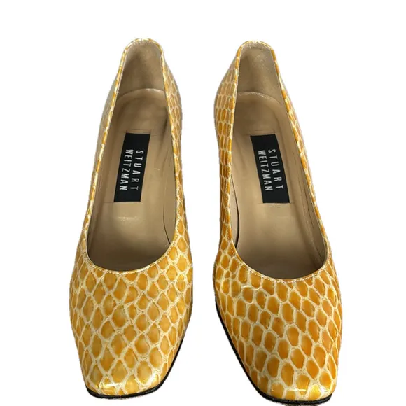 Stuart Weitzman Yellow Leather Snakeskin Block Heel Pumps size 7.5