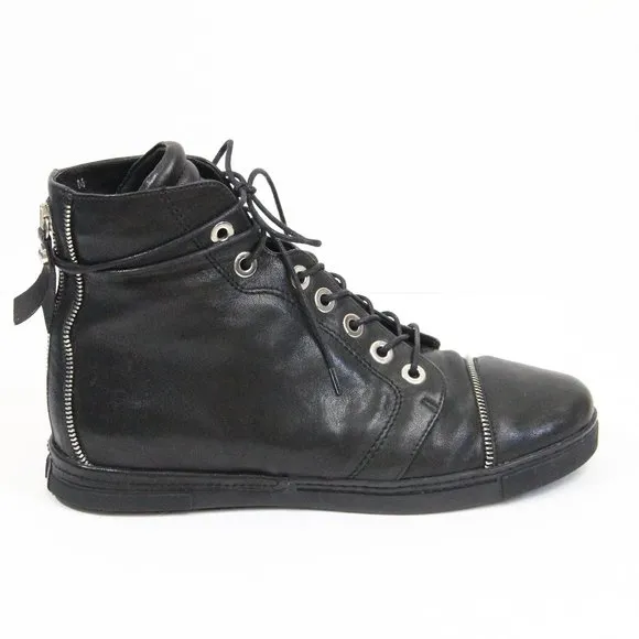 Stuart Weitzman Zipit High Top Sneakers Women Black Leather Shoes sz 8 cap toe