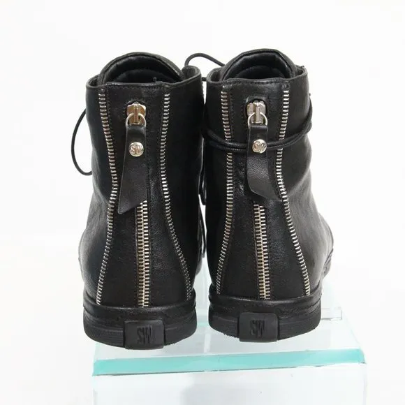 Stuart Weitzman Zipit High Top Sneakers Women Black Leather Shoes sz 8 cap toe