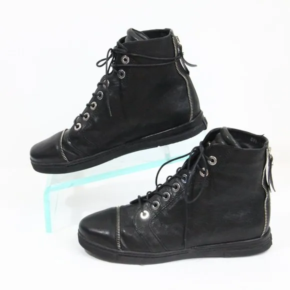Stuart Weitzman Zipit High Top Sneakers Women Black Leather Shoes sz 8 cap toe