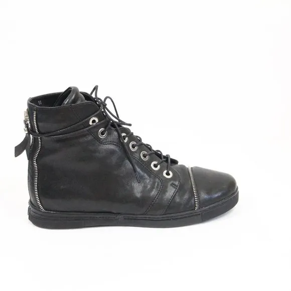 Stuart Weitzman Zipit High Top Sneakers Women Black Leather Shoes sz 8 cap toe