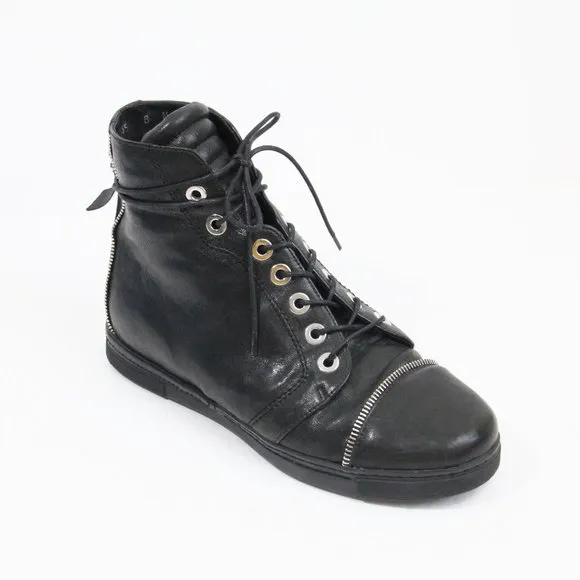 Stuart Weitzman Zipit High Top Sneakers Women Black Leather Shoes sz 8 cap toe