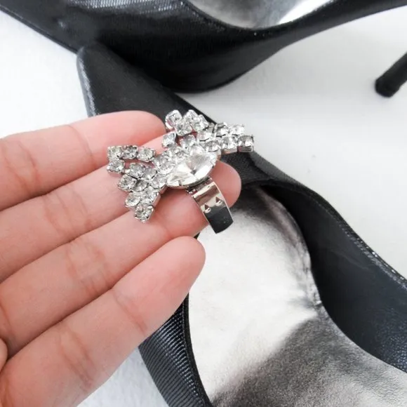 STUART WEITZMEN Classic Black Pointed Toe Pumps Crystal Charm Fringe Heels