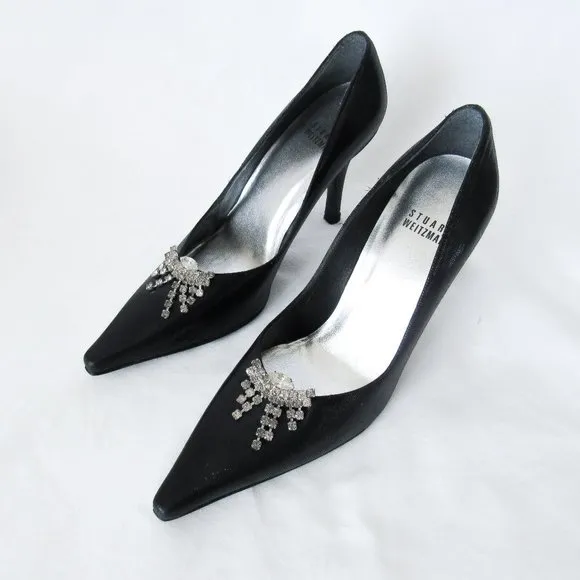 STUART WEITZMEN Classic Black Pointed Toe Pumps Crystal Charm Fringe Heels