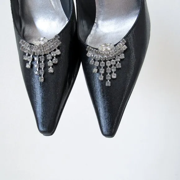 STUART WEITZMEN Classic Black Pointed Toe Pumps Crystal Charm Fringe Heels