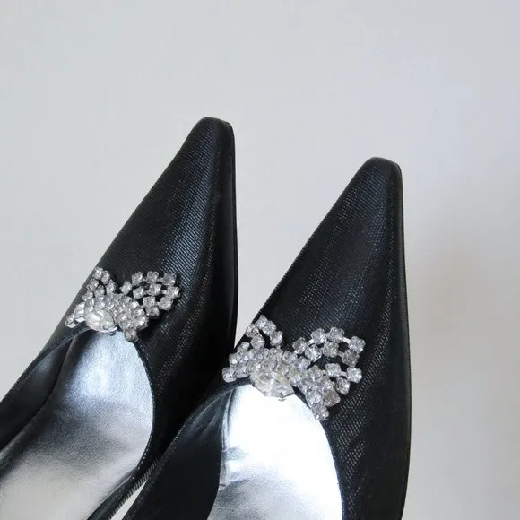 STUART WEITZMEN Classic Black Pointed Toe Pumps Crystal Charm Fringe Heels