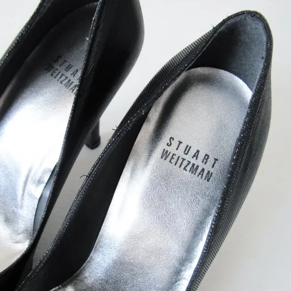 STUART WEITZMEN Classic Black Pointed Toe Pumps Crystal Charm Fringe Heels