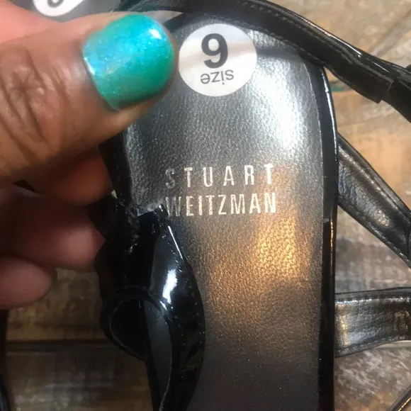 Stuart Weizmann patent leather strappy heels.