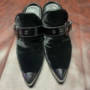 Stuart Weitzman the scootin bootie black‎ velvet mules silver buckle, 6