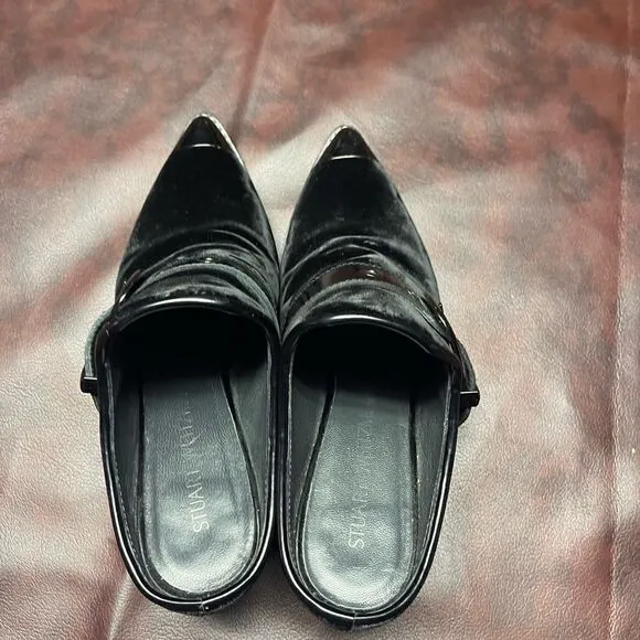 Stuart Weitzman the scootin bootie black‎ velvet mules silver buckle, 6