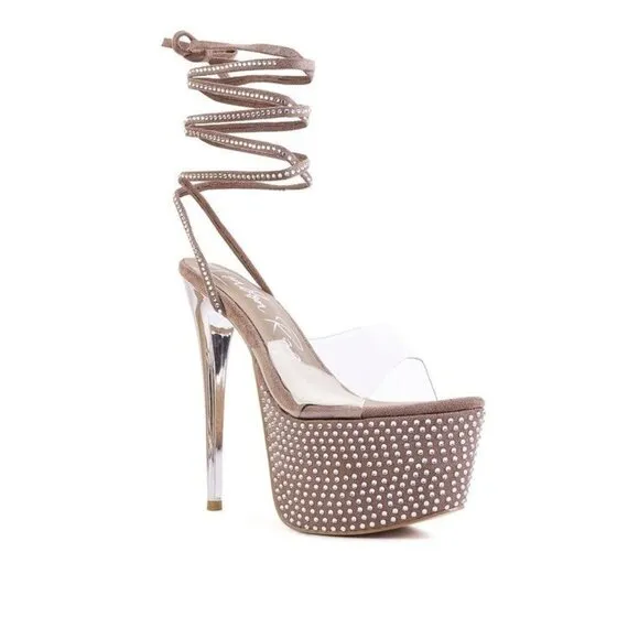 SUGAR MOM STRAPPY DIAMANTE PLATFORM HIGH HEELS - Taupe Size 10