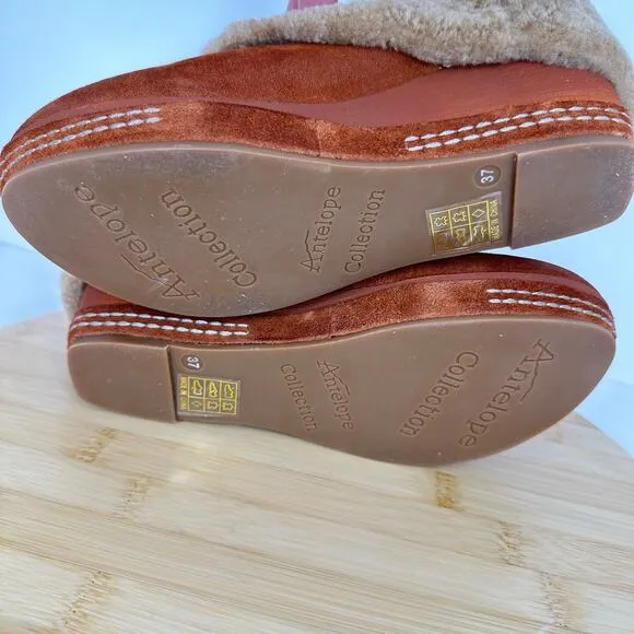 Sundance Catalog Antelope No8 Toppa Mules Slip On Wedge Suede Fur Cognac NEW