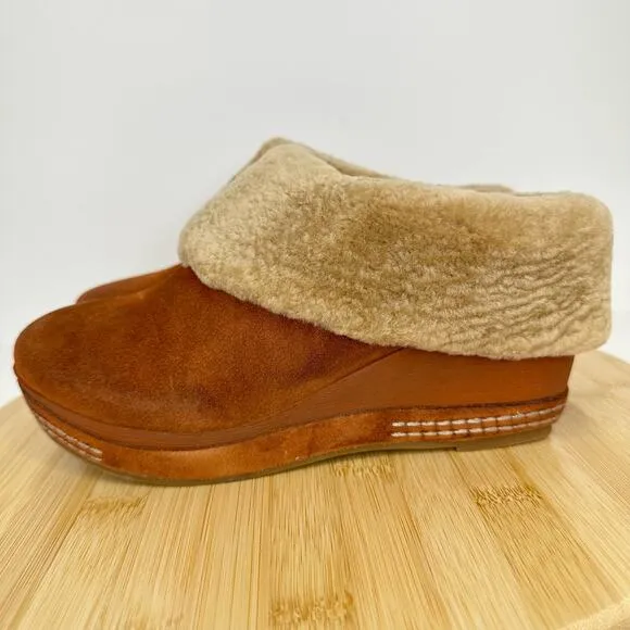 Sundance Catalog Antelope No8 Toppa Mules Slip On Wedge Suede Fur Cognac NEW