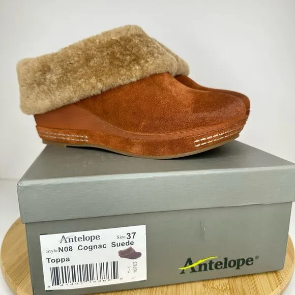 Sundance Catalog Antelope No8 Toppa Mules Slip On Wedge Suede Fur Cognac NEW