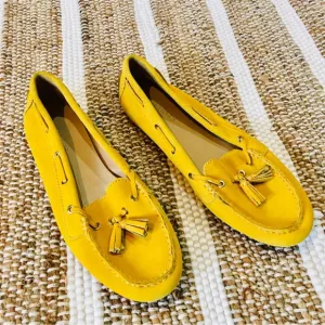 Talbots shoes tassel moccasins mustard golden yellow maize velour slip o…