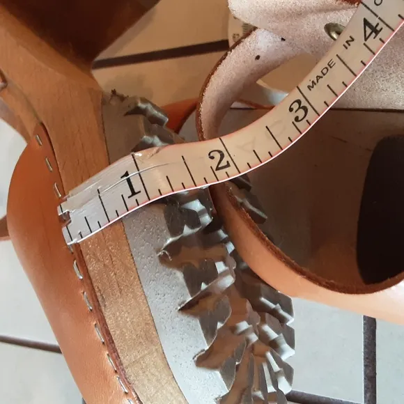 Tan Leather Mules with Wooden Platform Sole GENUINE LEATHER
