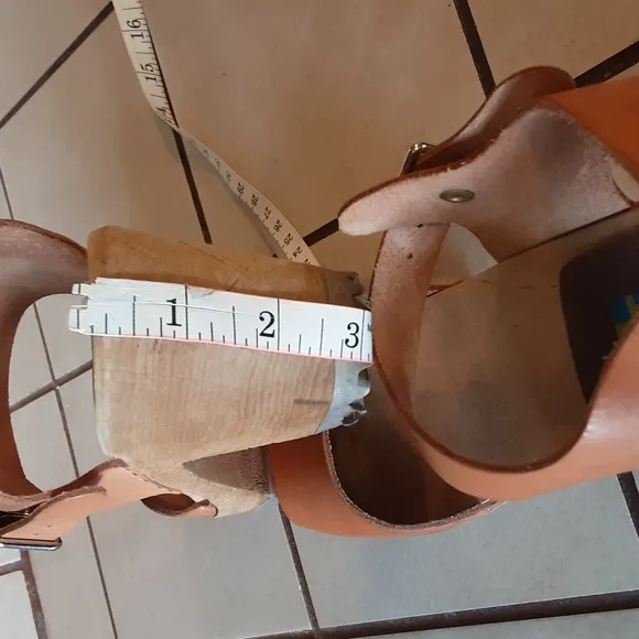Tan Leather Mules with Wooden Platform Sole GENUINE LEATHER