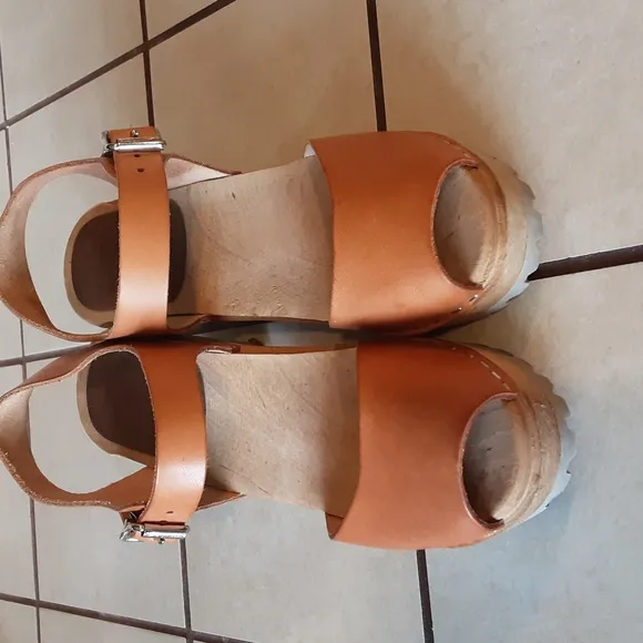 Tan Leather Mules with Wooden Platform Sole GENUINE LEATHER