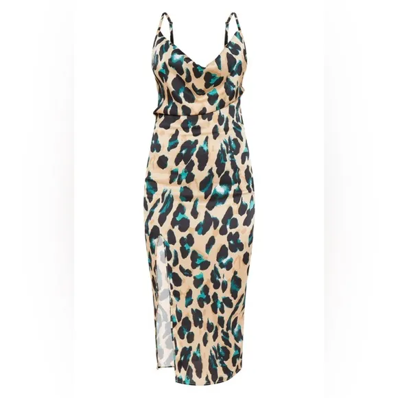 Tan Strappy Satin Leopard Print Cowl Midi Dress Size 4 NWOT