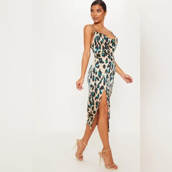 Tan Strappy Satin Leopard Print Cowl Midi Dress Size 4 NWOT