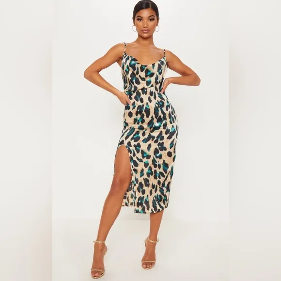 Tan Strappy Satin Leopard Print Cowl Midi Dress Size 4 NWOT