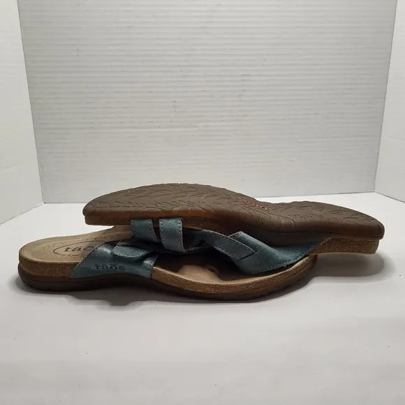 Taos The Perfect Sandals Women's US 9 Teal Leather Slide Toe Loop Comfort Shoes