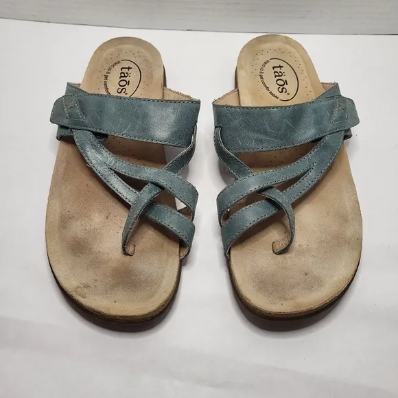 Taos The Perfect Sandals Women's US 9 Teal Leather Slide Toe Loop Comfort Shoes