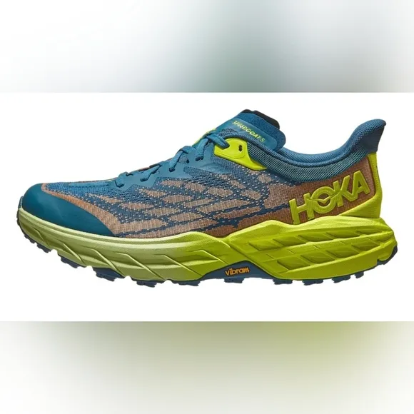 The HOKA Speedgoat 5 is a highly cushioned, technical trail running shoe designe