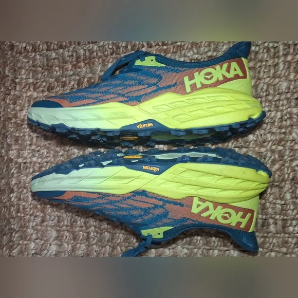 The HOKA Speedgoat 5 is a highly cushioned, technical trail running shoe designe