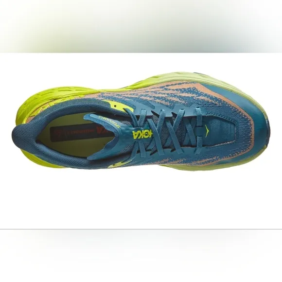 The HOKA Speedgoat 5 is a highly cushioned, technical trail running shoe designe