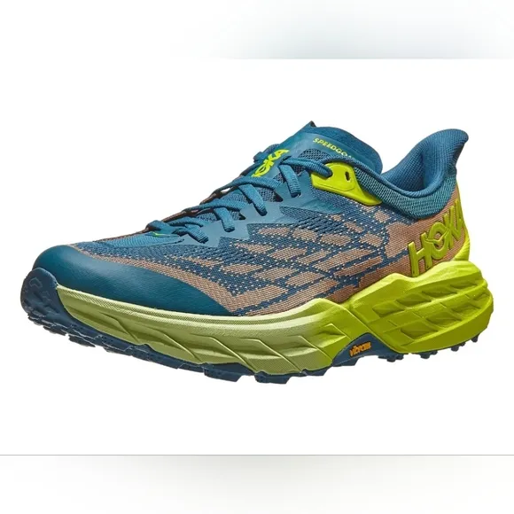 The HOKA Speedgoat 5 is a highly cushioned, technical trail running shoe designe