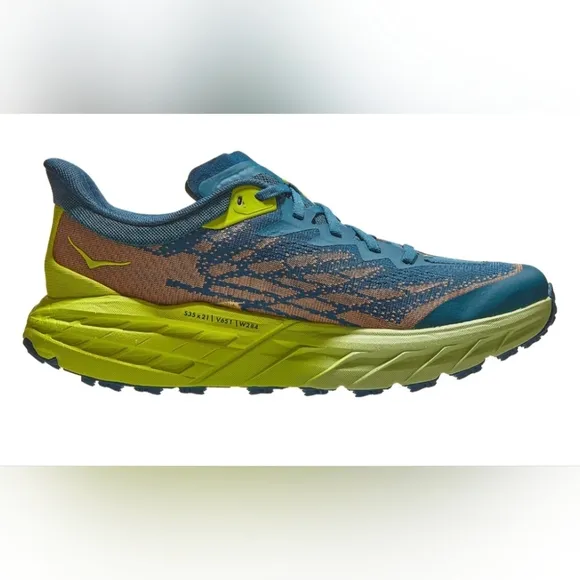 The HOKA Speedgoat 5 is a highly cushioned, technical trail running shoe designe